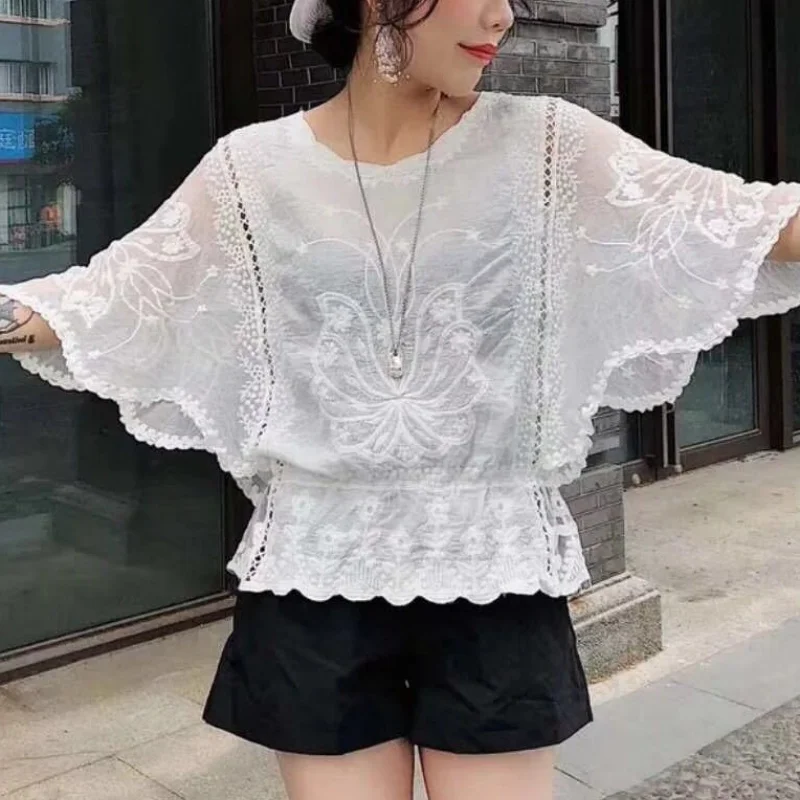 Women Lace Blouses Flower Embroidery Casual Tops