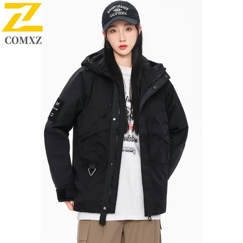 COMXZ Men Outdoor Jacket Versatile Hooded Mountaineering Windproof Motorcycle Jacket Casual Daily Wear Style Autumn Zipper Coat