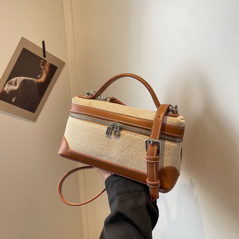

High Quality Retro Canvas Women Box Shoulder Bag 2024 New Fashion Zipper Patchwork Sewing Thread Square Bag Trend Crossbody Bags