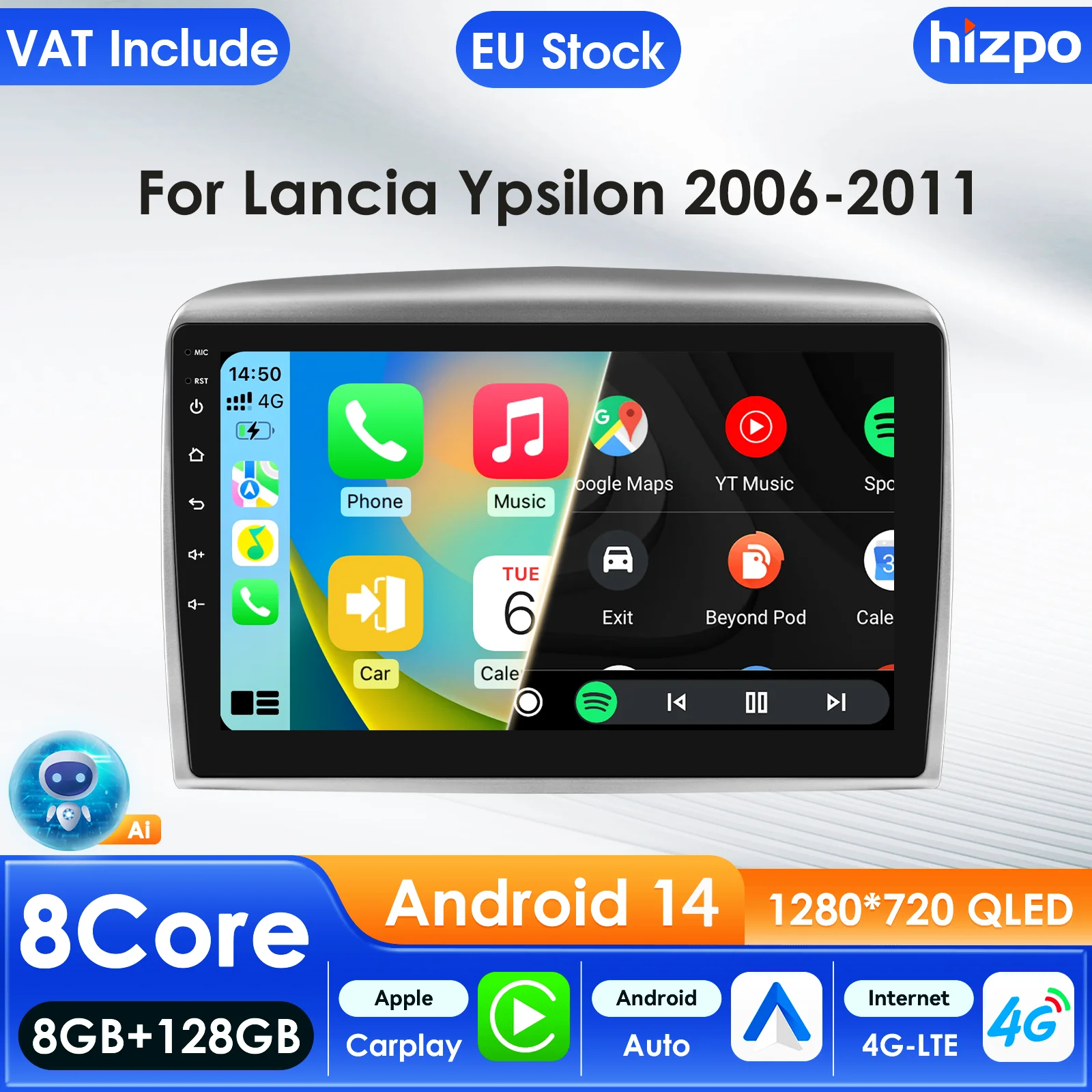 Hizpo Carplay 4G Android 14 8581 AI Systeme Auto Radio für Lancia Ypsilon 2006-2011 Multimedia Player GPS 2din Autoradio Video