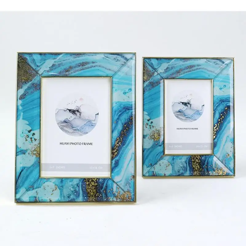 

Imitation Marble Painted Photo Frame Blue Glass Frames for Pictures Desk Decoration Figure Portrait Framed Art Modern Ornaments