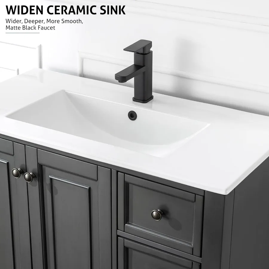 36" Bathroom Vanity Sink Combo Vintage Style with Painted Solid Wood Construction Undermount Ceramic Sink W/Matte Faucet Drain 5