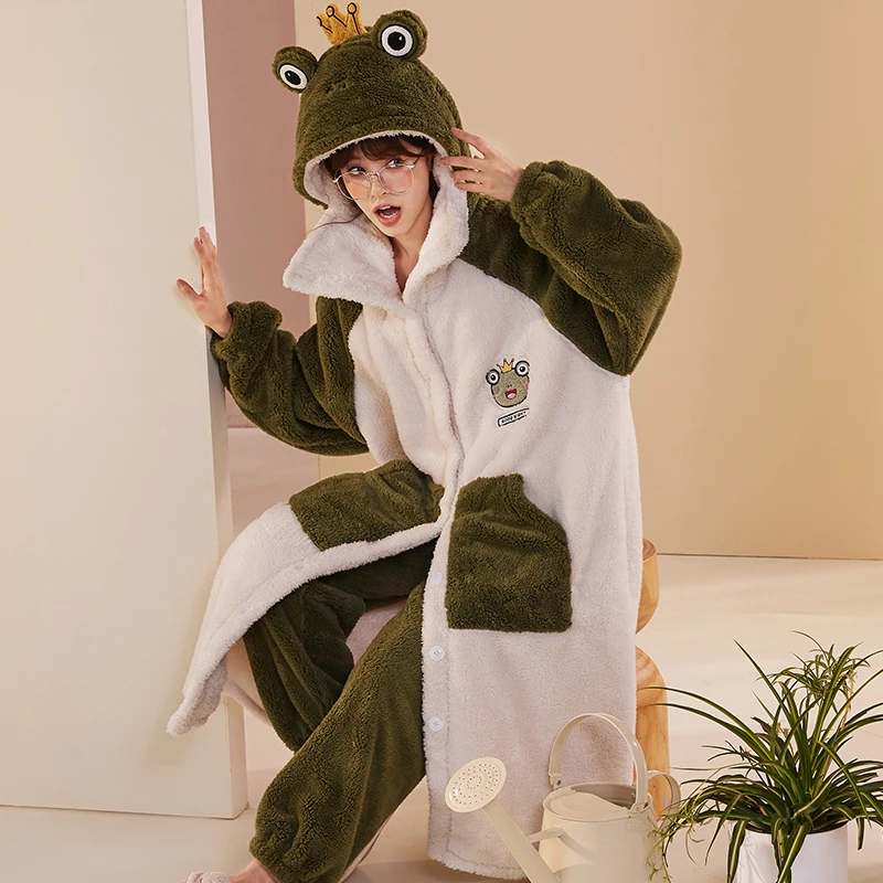 

2PCS Winter Thicken Women Night-robe Pajamas Hooded Soft Warm Nightgown Sleepwear Kawaii Frog Night Gown With Pants Pockets