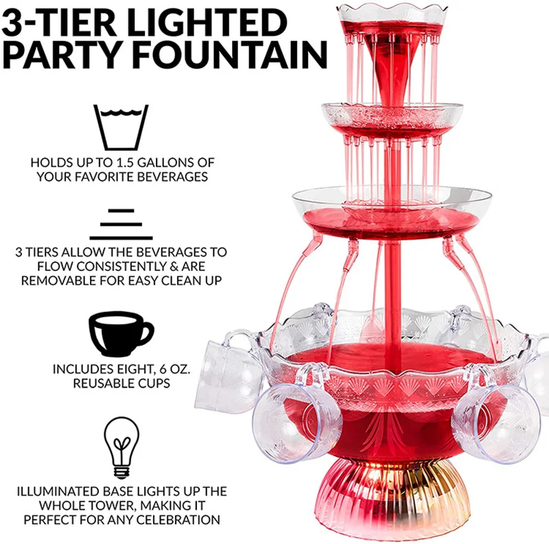 3-Tier Cocktail Party Fountain Red Wine Drinking Fountains Beverage Beer Machine With LED Lighted Base Includes 5 Reusable Cups