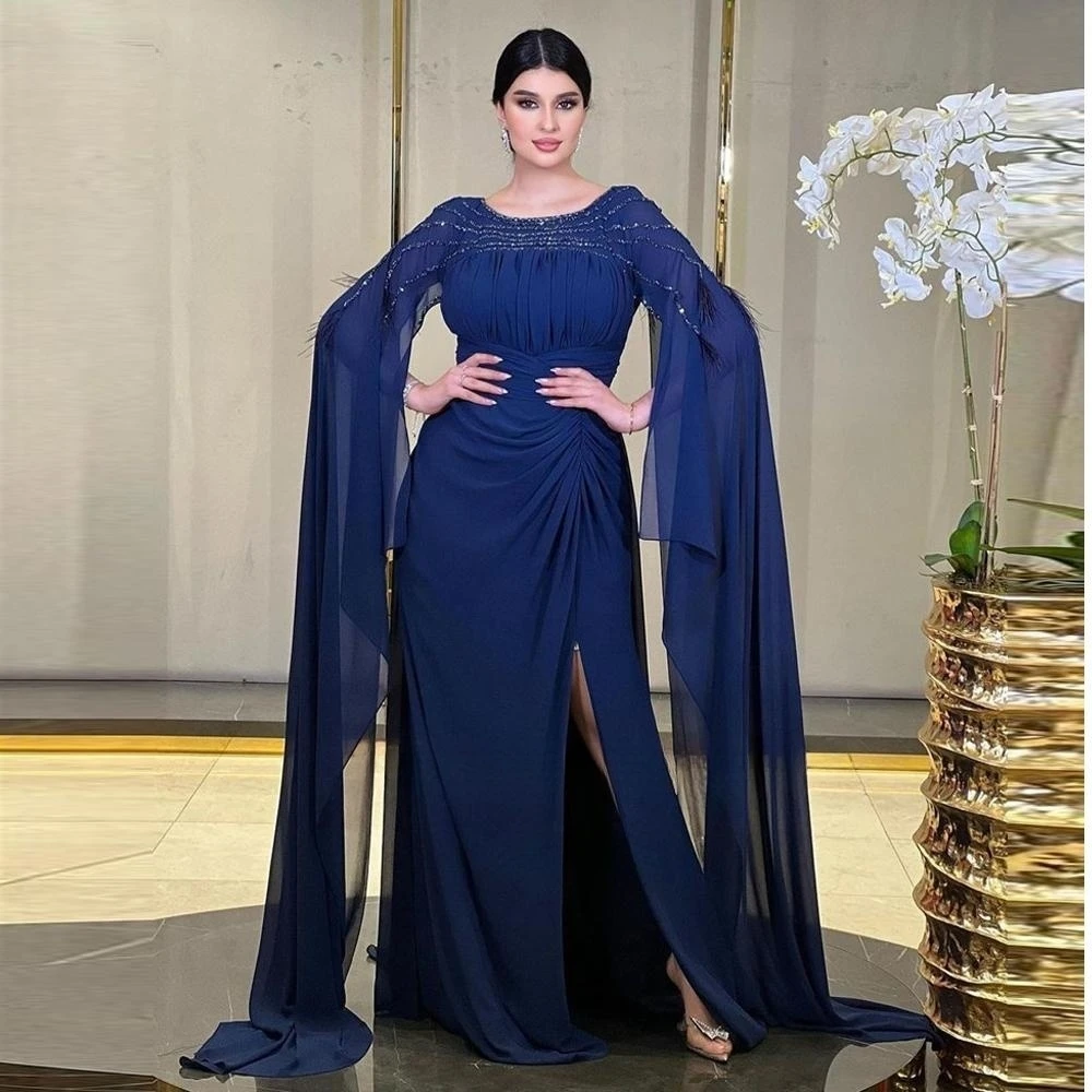 

Fashionvane Navy Blue Chiffon Evening Dresses Scoop Neck Beaded Feathers Long Sleeves Prom Dress Ruched Side Slit Formal Gowns