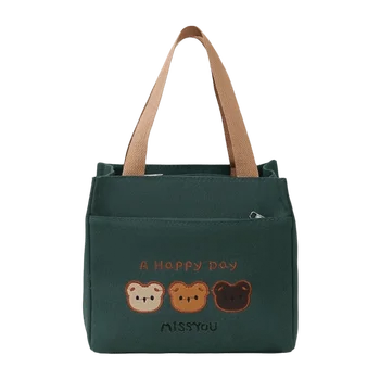 Graziosa Borsa Tote con Ricamo di 3 Orsi, Grande Capacità, Leggera, Riutilizzabile, con Chiusura a Cerniera, Borsa per il Pranzo in Tela per Ufficio