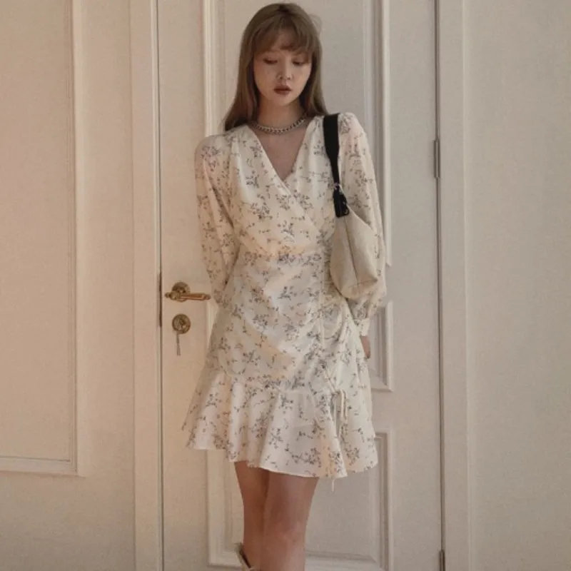 

2023 Summer New Dress Super Fairy Waist Retraction Appear Thin Printing Chinese Bellflower French Retro Niche Free Shipping