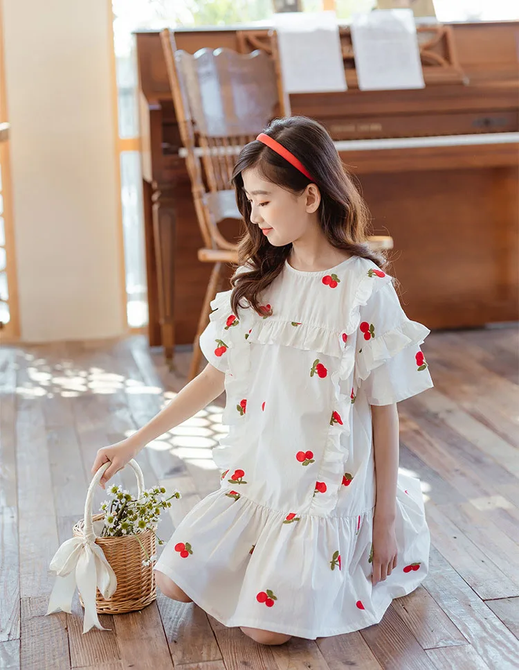 cutest baby dresses Embroidery Teen Girls Dress Cherry Patterns Half Sleeve Ruffles Cotton Summer Dress Children Clothes 6 8 10 12 14 Years baby boy dress