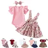 3Pcs Summer Newborn Baby Girl Clothes Set Short Sleeve Romper Floral Dress Overalls Headband Toddler Infant Clothing Cute Outfit 1