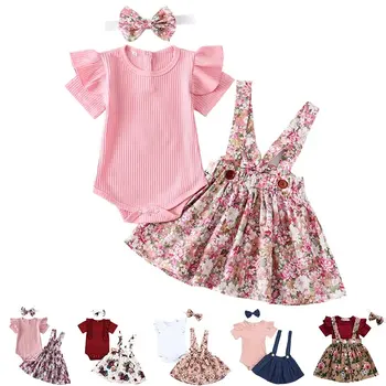 3Pcs Summer Newborn Baby Girl Clothes Set Short Sleeve Romper Floral Dress Overalls Headband Toddler Infant Clothing Cute Outfit 1