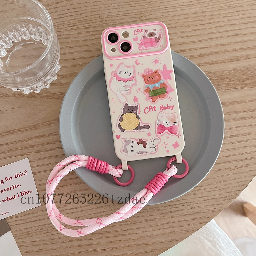 

Cute Kitten Cat Baby Playing Pink Window Lanyard Phone Case for Iphone 12 13 14 15 Pro Max XS XR Fashion New