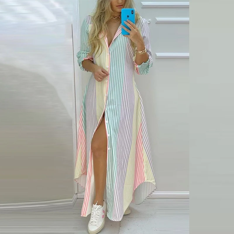 Boho Dress 2022 Spring Single Breasted Button Irregular Long Dress Women Sexy Turn-down Collar Newspaper Letter Print Maxi Dress birthday dress Dresses