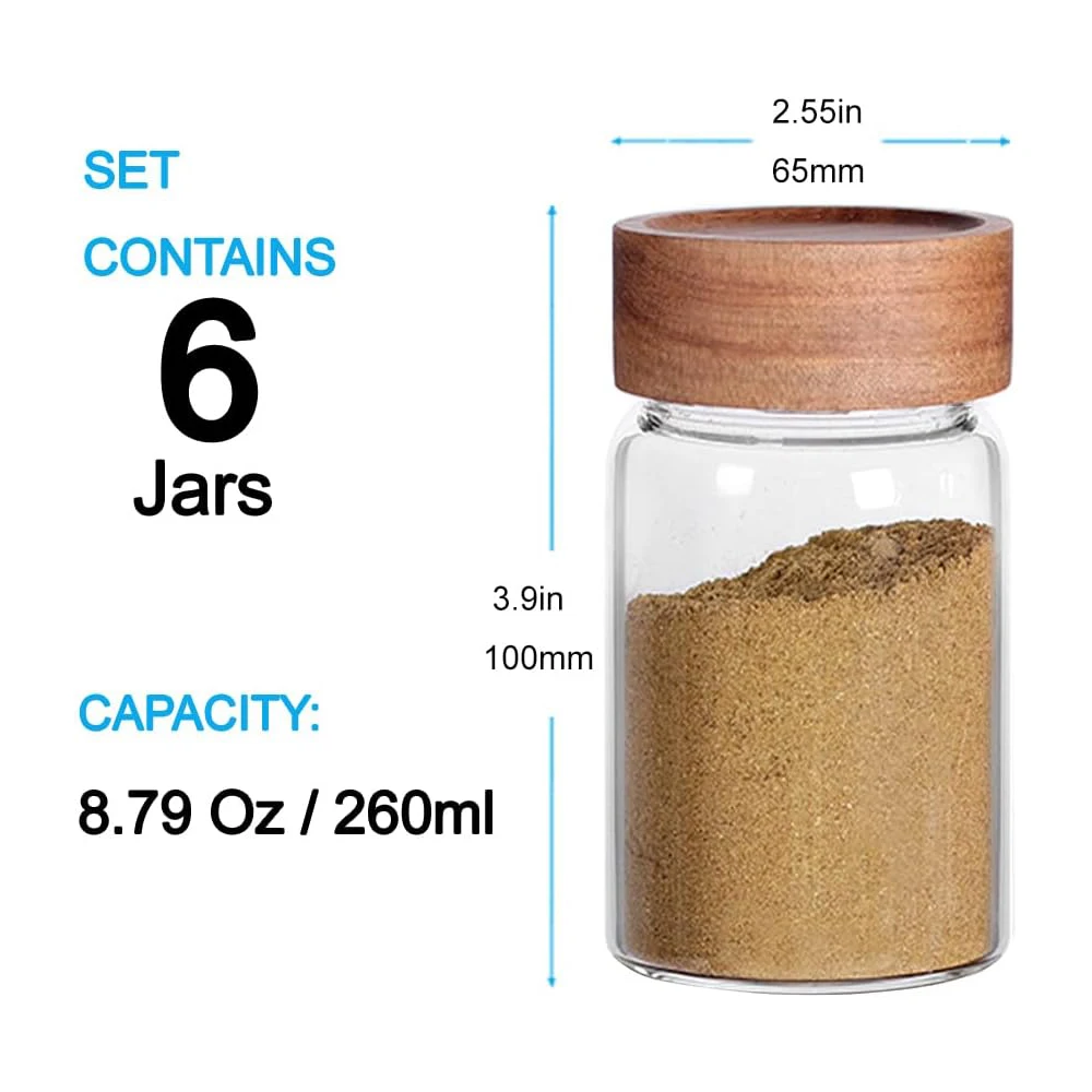 Set of 6 High-Sealing Glass Spice Jars - 8.79oz each, Empty Cylinder Storage Containers