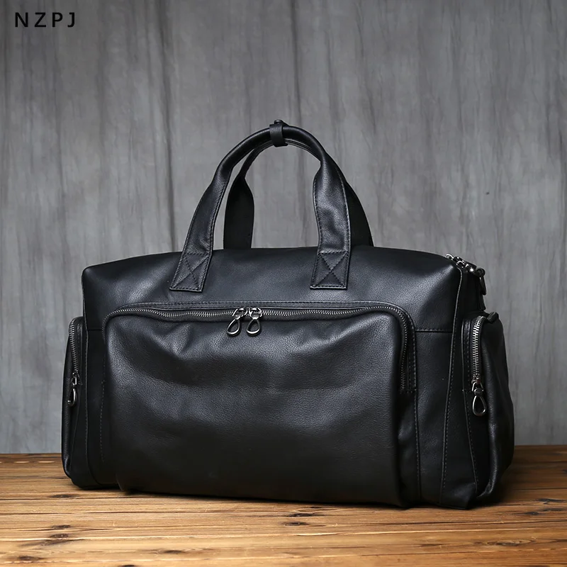 NZPJ Genuine Leather Men's Travel Bag, Casual Top Layer Cowhide Crossbody Bag, Laptop Bag, Large Capacity Luggage Bag Business