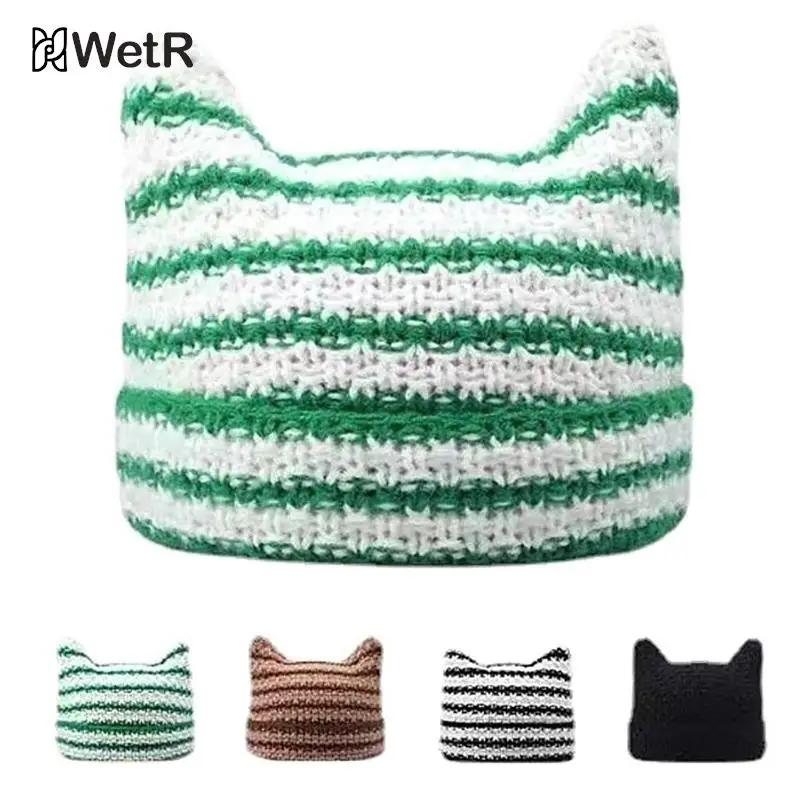 

Шапка-бини женская вязаная с кошачьими ушками, в полоску