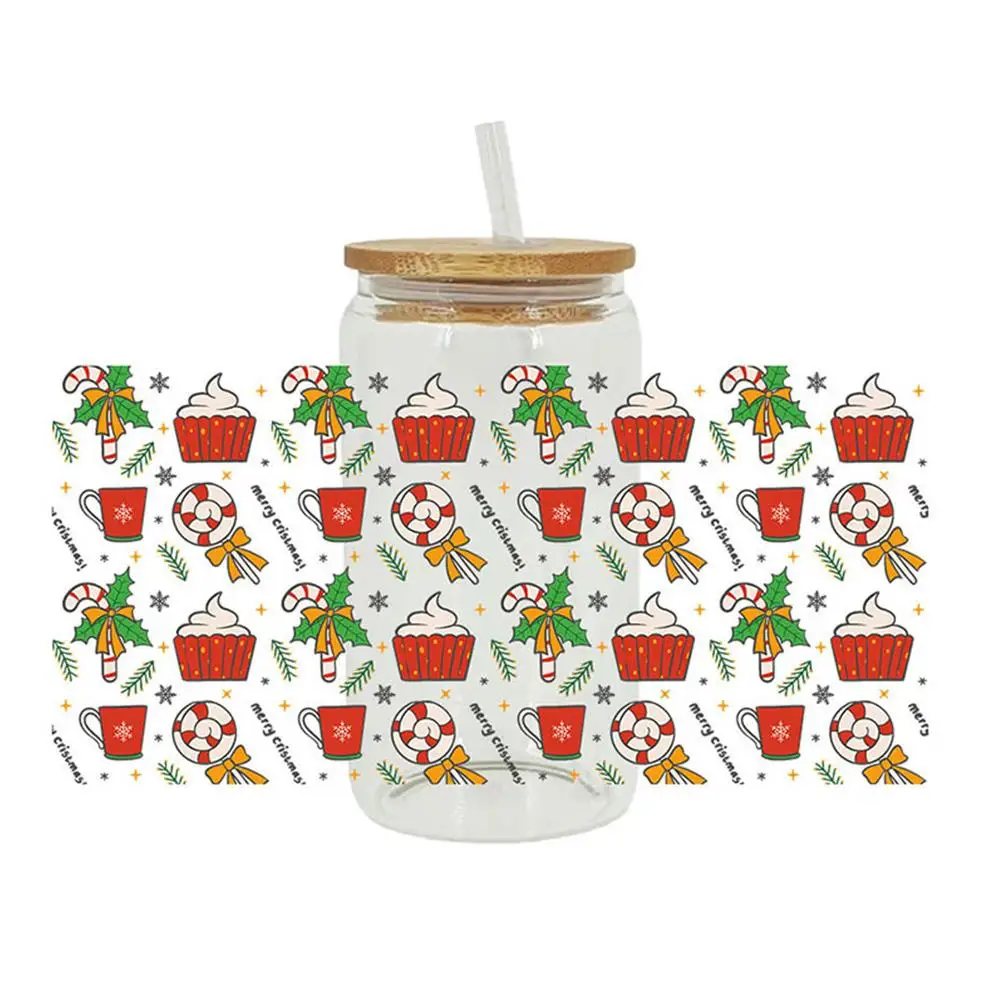 Merry Christmas Snowman Santa Claus UV DTF Sticker For 16oz Cup Wrap Transfer Sticker Label DIY Self Adhesive B0I9