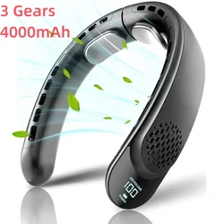 Enhanced Quad-Core USB Neck Fan with Turbine Vaneless Design - 4000mAh Portable Outdoor Fan with Easy Control & Digital Display (Upgrade Black)
