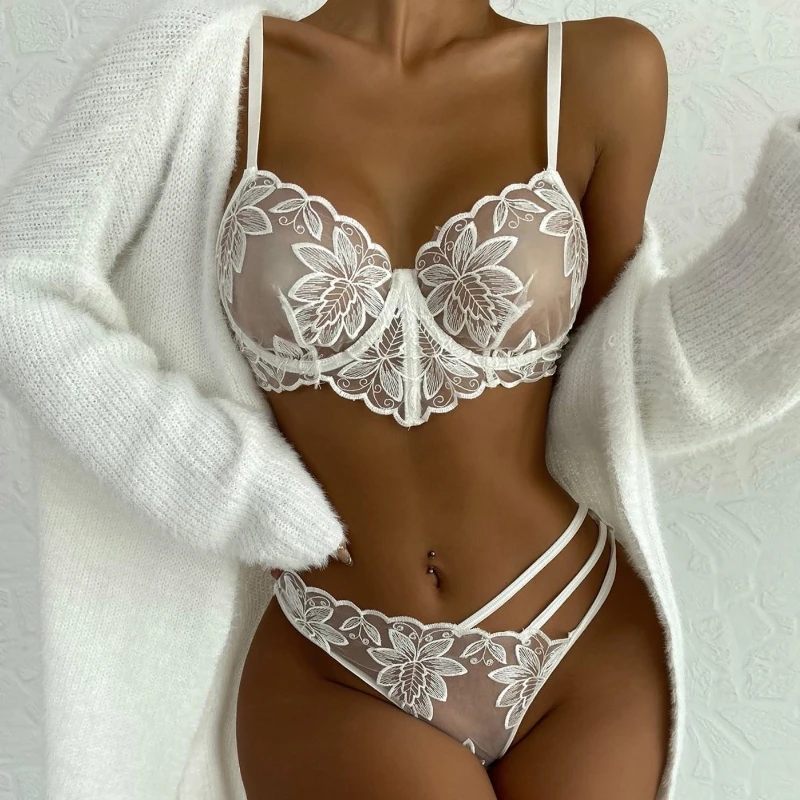 

New Hot Women's Sexy Fun Lingerie Lace Bra Plus Size Perspective Allure Underwear Set Flower Embroidery Bra Hollow Gather Bra 18