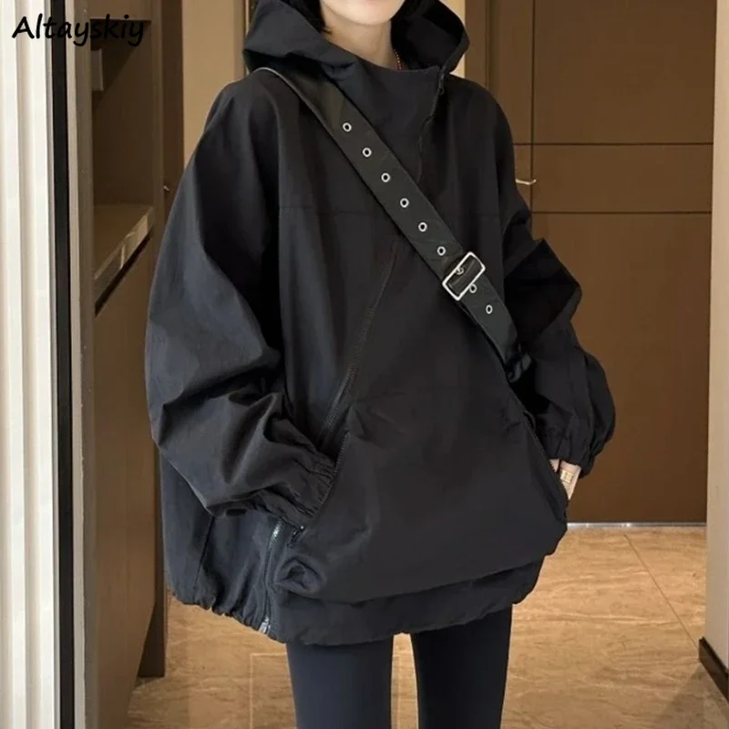 

Women Hooded Jackets Diagonal Zipper Design Vintage Autumn Baggy Fashion BF Style Outdoor Chaqueta Mujer Leisure All-match Lady