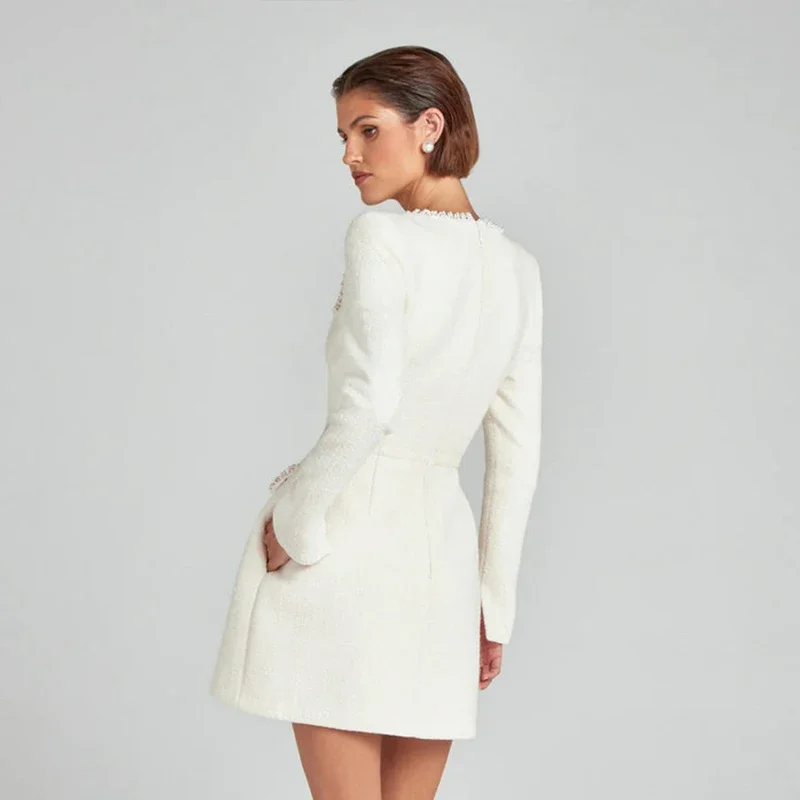 Elegant Tweed Short Party Dress Women Long Sleeve Square Collar Fake Pocket Evening Dresses Autumn Shiny Slim A-line Robes