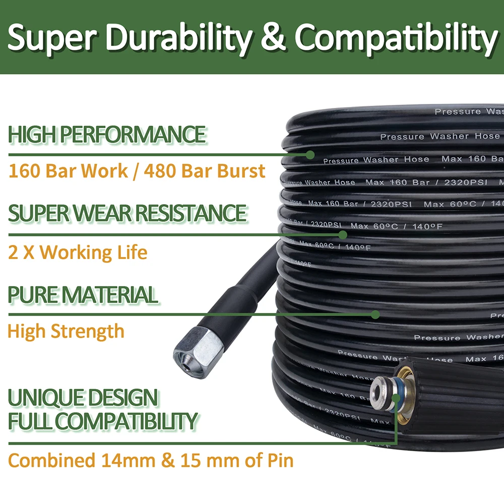 High Pressure Washer Hose Car Washer Water Cleaning Hose 10m * 160bar for Huter IPC Hammer Kohler Champion pressure washer 3