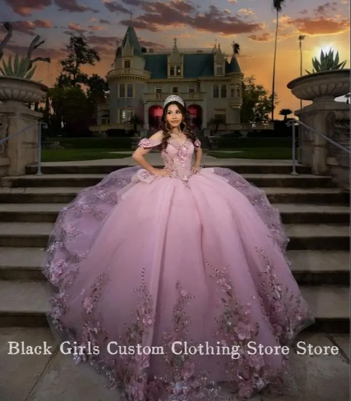 Princess Pink 15 Quinceanera Luxury Strapless Poncho 3D Floral Applique Corset Chapel Train Mexico vestido xv a&ntilde;os Custom