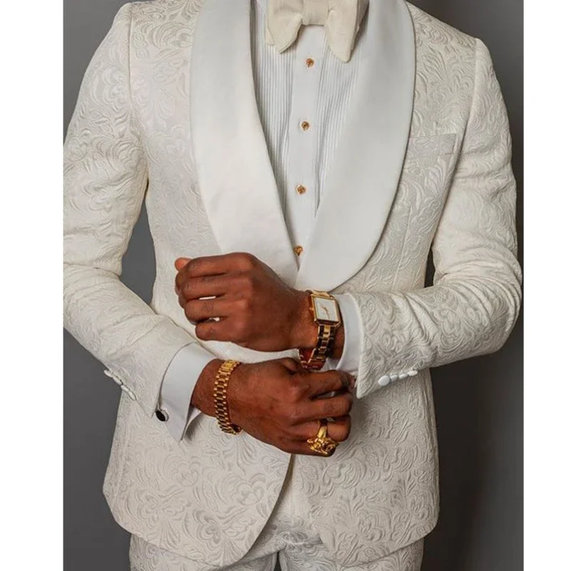 

Floral Pattern Groom Tuxedos For Wedding Prom Shawl Satin Men Suits Slim Fit 2 Pcs Smoking Best Man Blazer (Jacket+Pants) 2024