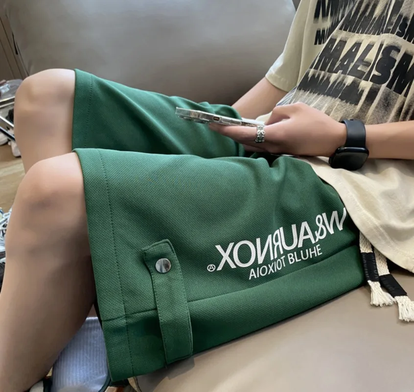 Summer Letters Printed Row Button Shorts Retro Sports Pants Thin Section Loose Casual Large Size Five-minute Pants Unisex