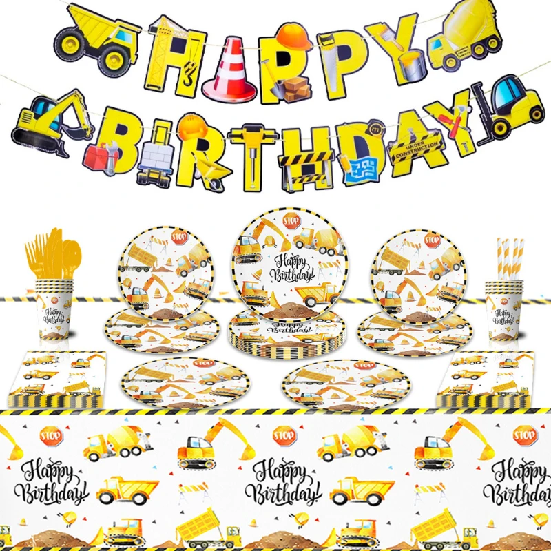 Yellow excavator construction vehicle theme children's and boy's birthday party scene decoration disposable tableware, paper cup