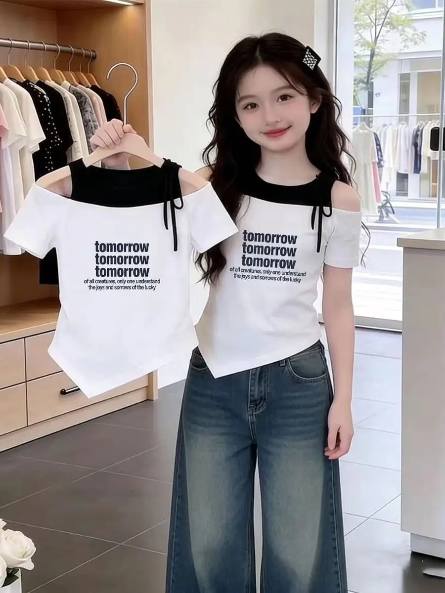 아메리칸 스타일 레트로 핫걸 페이크 투피스 반팔 티셔츠 여름 레이어링 나비 매듭 어깨 노출 탑 (여자아이용)