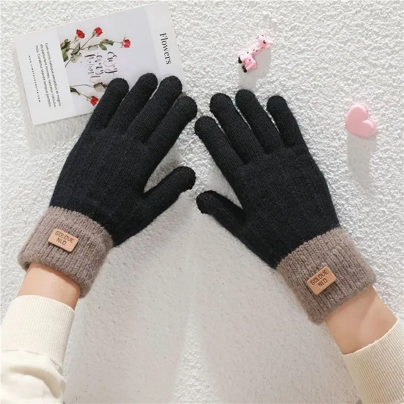Gloves for Women In Winter Warm Imitation Cashmere Touch Screen Cute Student with Thick Velvet Knitted Five Finger Gloves - 2