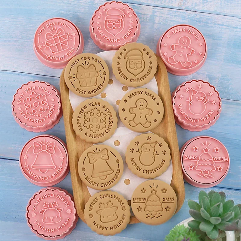 8pcs Merry Christmas Cookie Cutter Set Round XMAS Tree Gingerbread Man Deer Fondant Embosser Stamp DIY Christmas Party Supplies