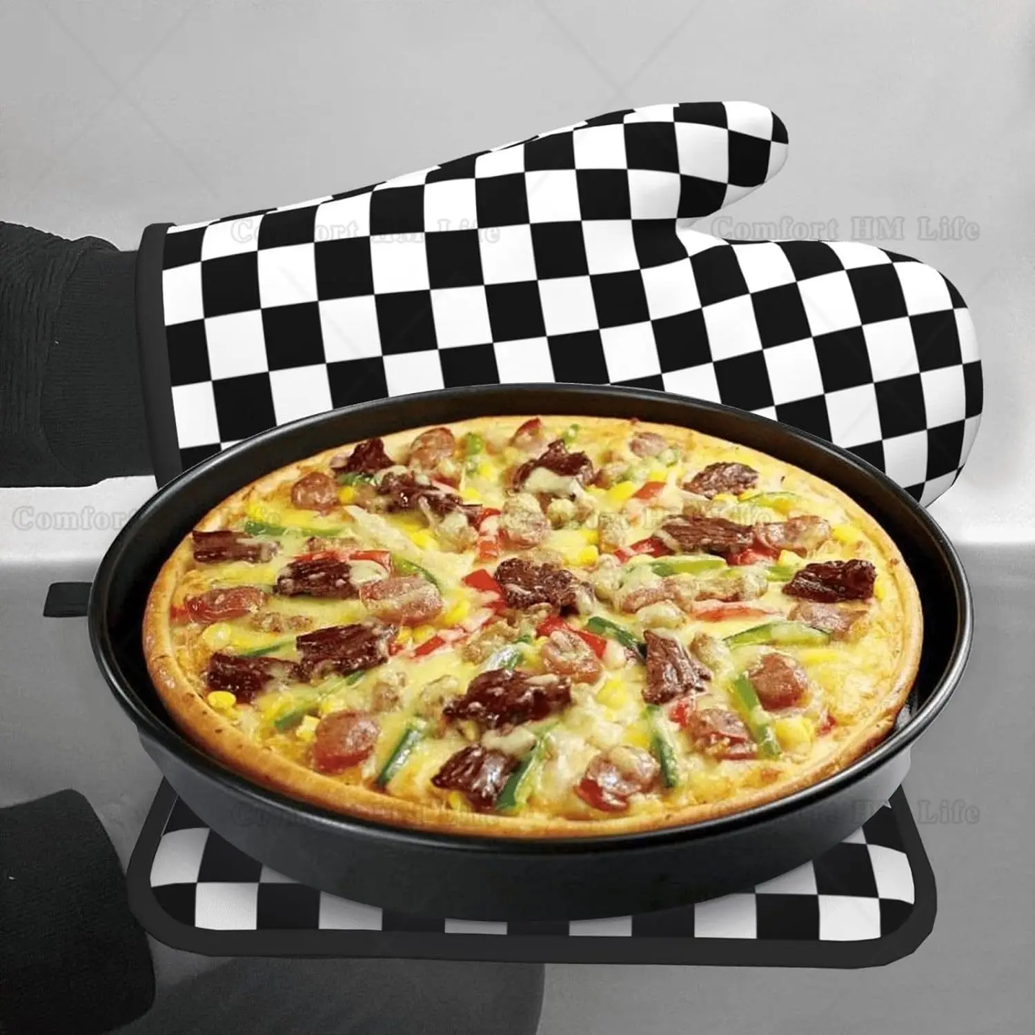 Oven Mitt and Pot Holders 2 Piece Set Black and White Checkered Racing Waterproof BBQ Gloves for Kitchen Cooking Baking