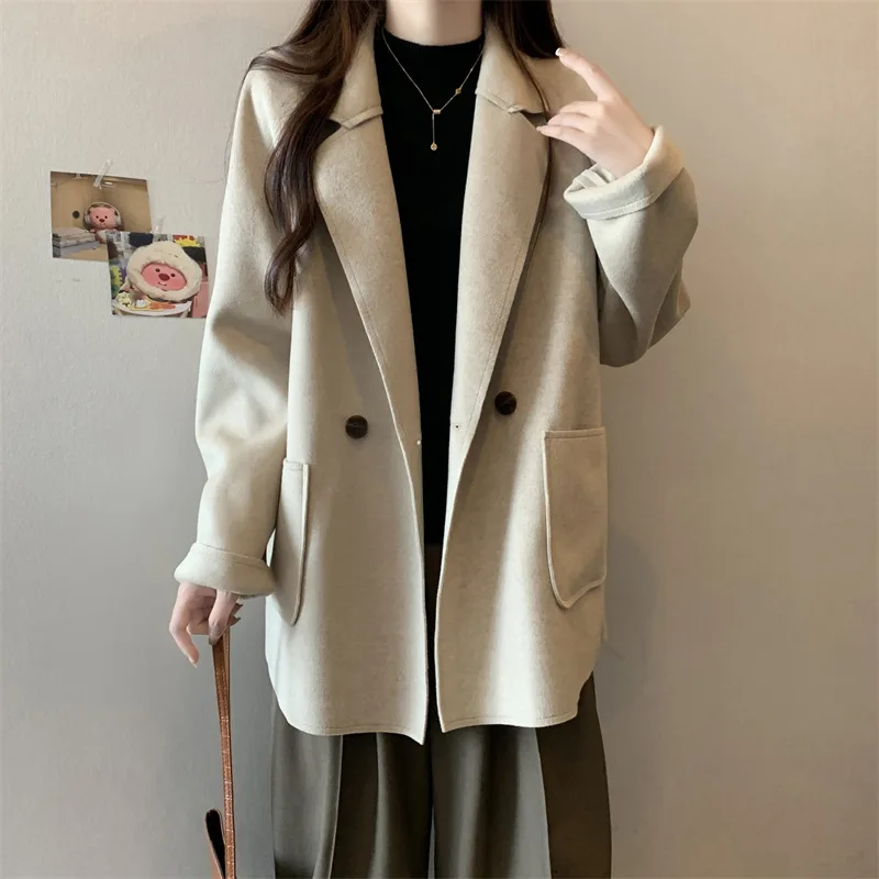

Sandro Rivers Women's Cashmere Mid-Length Coat Autumn and Winter 2023 New Hepburn Style Double-Sided Suit Woolen Women's Coat