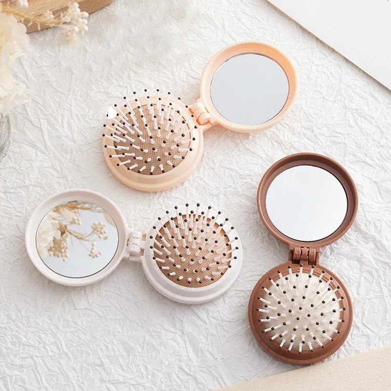 여자아이들을 위한 휴대용 미니 에어쿠션 빗이 달린 귀여운 작은 거울, 접이식 에어쿠션 빗, 마사지 빗, 거울 일체형