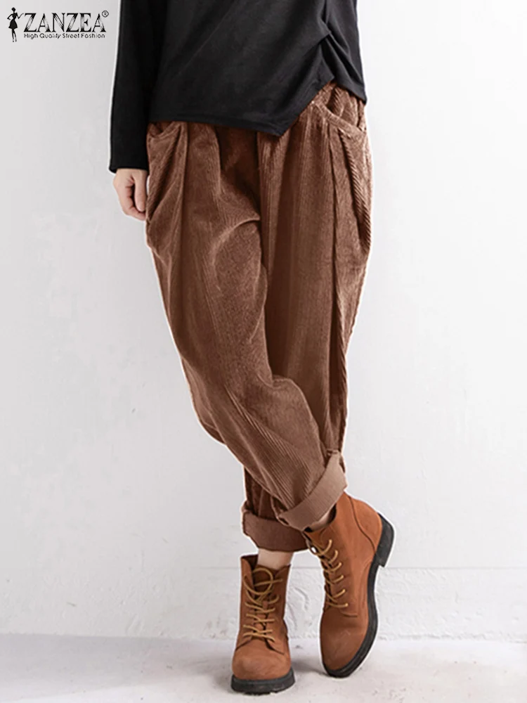 2023 ZANZEA Vintage Women\'s Corduroy Trousers Autumn Long Pants Casual Elastic Waist Loose Pantalon Palazzo Female Chic Turnip