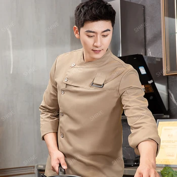 Men Chef uniform Restaurant Hotel chef jacket with apron Long Sleeve Cook Coat Chef T-shirt Work Uniform Waiter Clothes Logo