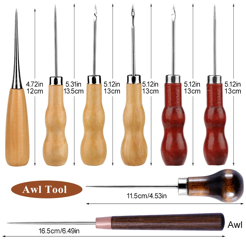 DIY Handmade Leather Sewing Awl Tool Multifunctional Wooden Handle  Leathercraft Needle Hook Stitching Puncher Thread Positioning - AliExpress