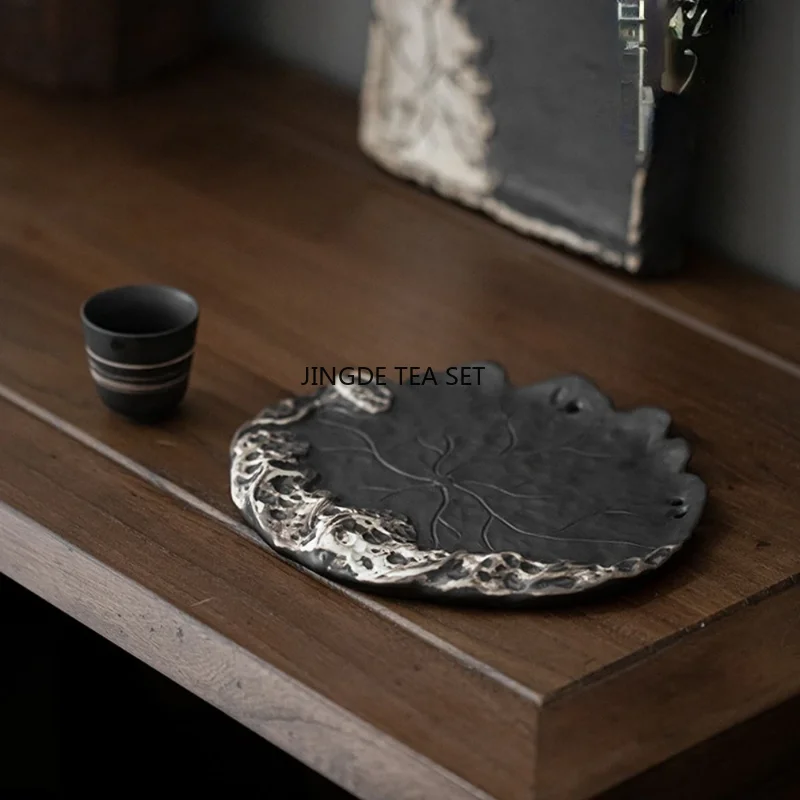 Ceramic teapot with lotus leaf design dry brewing tray, small tea tray vintage coffee table Kung Fu tea accessories