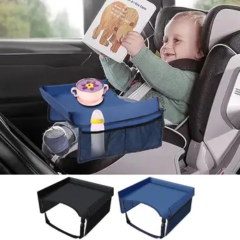 Tavolino da pranzo per bambini da auto, vassoio universale per seggiolino di sicurezza, vassoio pieghevole per ginocchia per bambini con cinghie regolabili e tasche