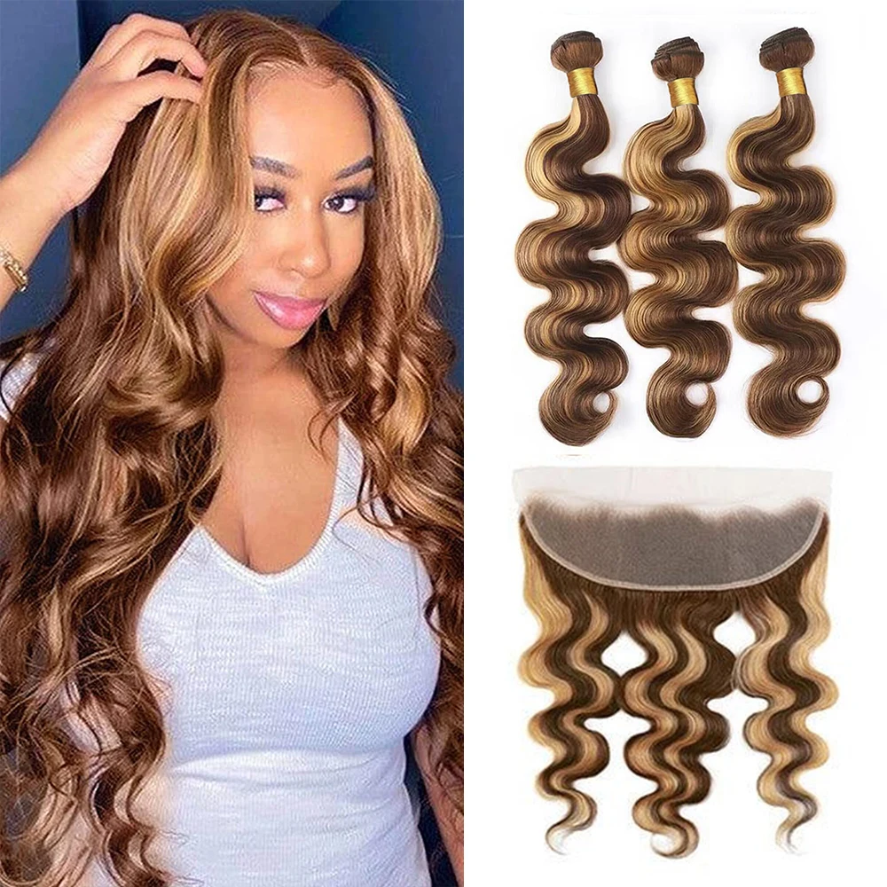 Highlight Bundles With Frontal 13x4 Lace Honey Blonde Body Wave Bundles With Frontal Color Ombre Human Hair Bundle