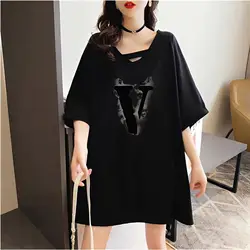 Casual Printing Thin Oversized T-shirts Summer New V Neck Short Sleeve Loose All-match Tops Tees Fashion Vintage Women Clothing