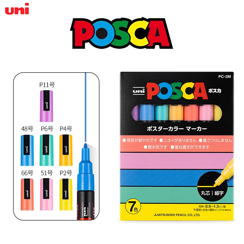 thumbnail image 2 of Uni Posca Paint Marker Pen Set – Fine Point (0.9-1.3mm), 7 Natural Pastel Colors (PC-3M 7C) 2 of 12