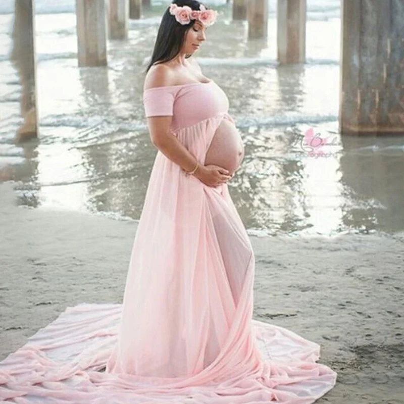 

Women Mopping Long Maxi Gown Pregnant Dress Solid Color Maternity Dress Tube Top Chiffon Joint Slit-Front Pregnant Dresses