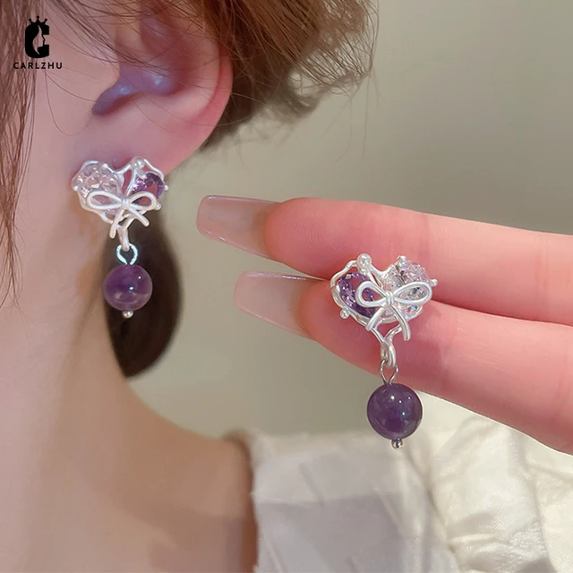 2023 Sweet Zircon Purple Crystal Bow Heart Drop Earrings Simple