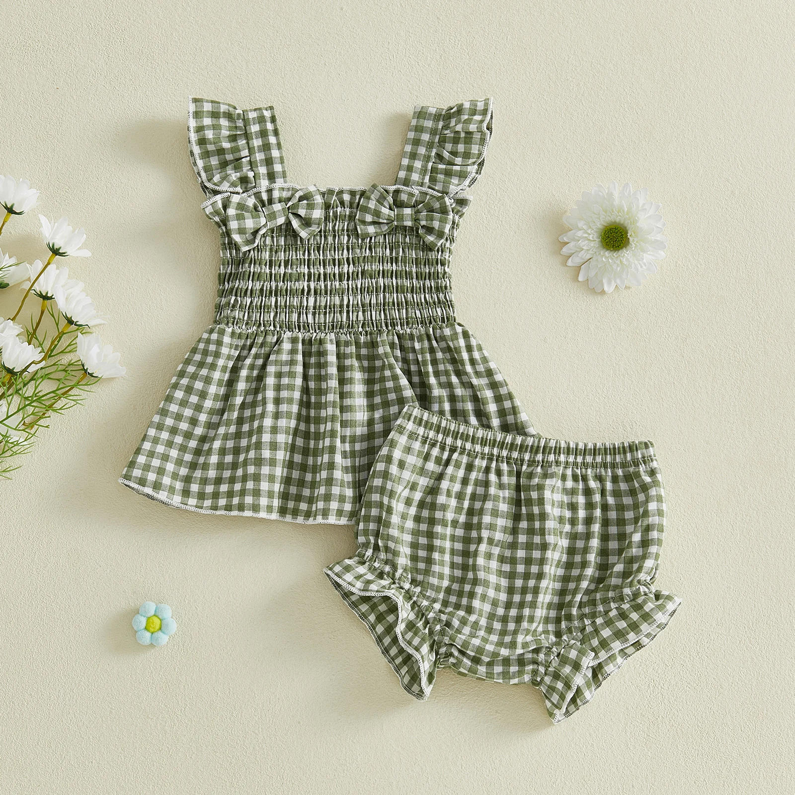 Baby Girl Summer Outfits Plaid Bowknot Decor Ruched Fly Sleeve Tops Elastic Waist Shorts 2Pcs Clothes Set 4
