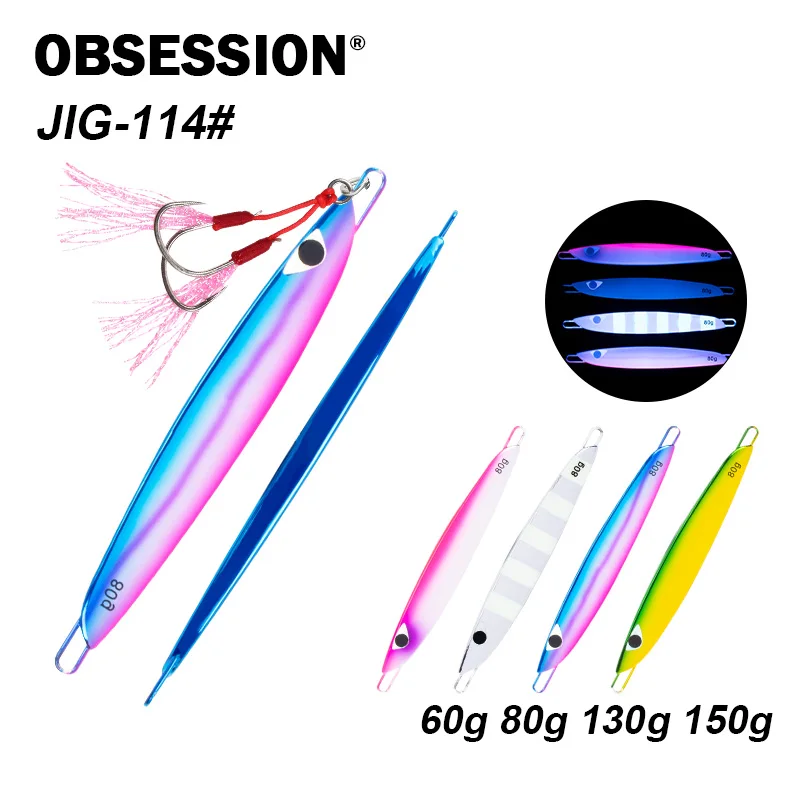 

OBSESSION 60g 80g 130g 150g Slow Sinking Jig Lure Flat Metal Jig Lure Artificial Saltwater Fishing Tackle With Assist Hooks