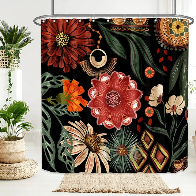 Black Boho Floral Fabric Shower Curtains Colorful Abstract Mid