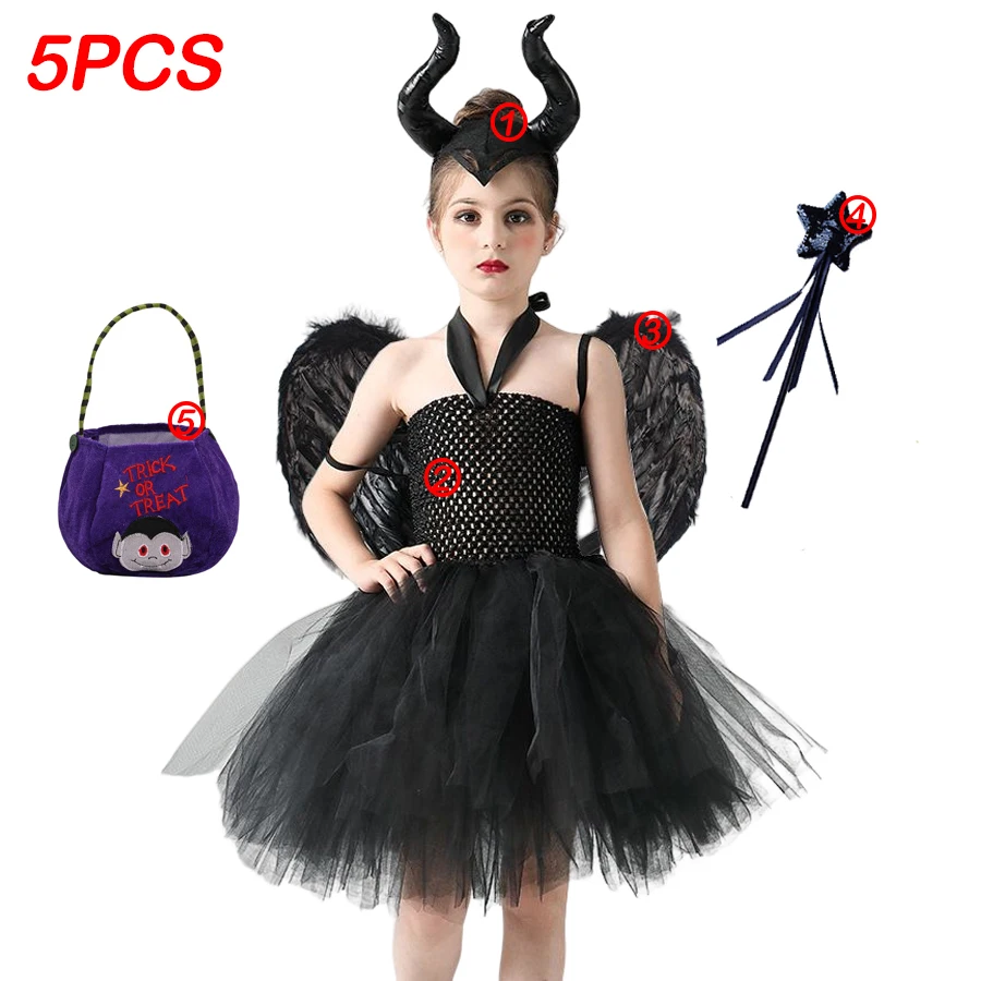 AMOBON Disfraz De Maléfica Para Niñas – Vestido De Reina Malvada Con Tocado De Cuernos, Capa De Plumas Y Hombreras, Ideal Para Halloween, Carnaval Y Cosplay