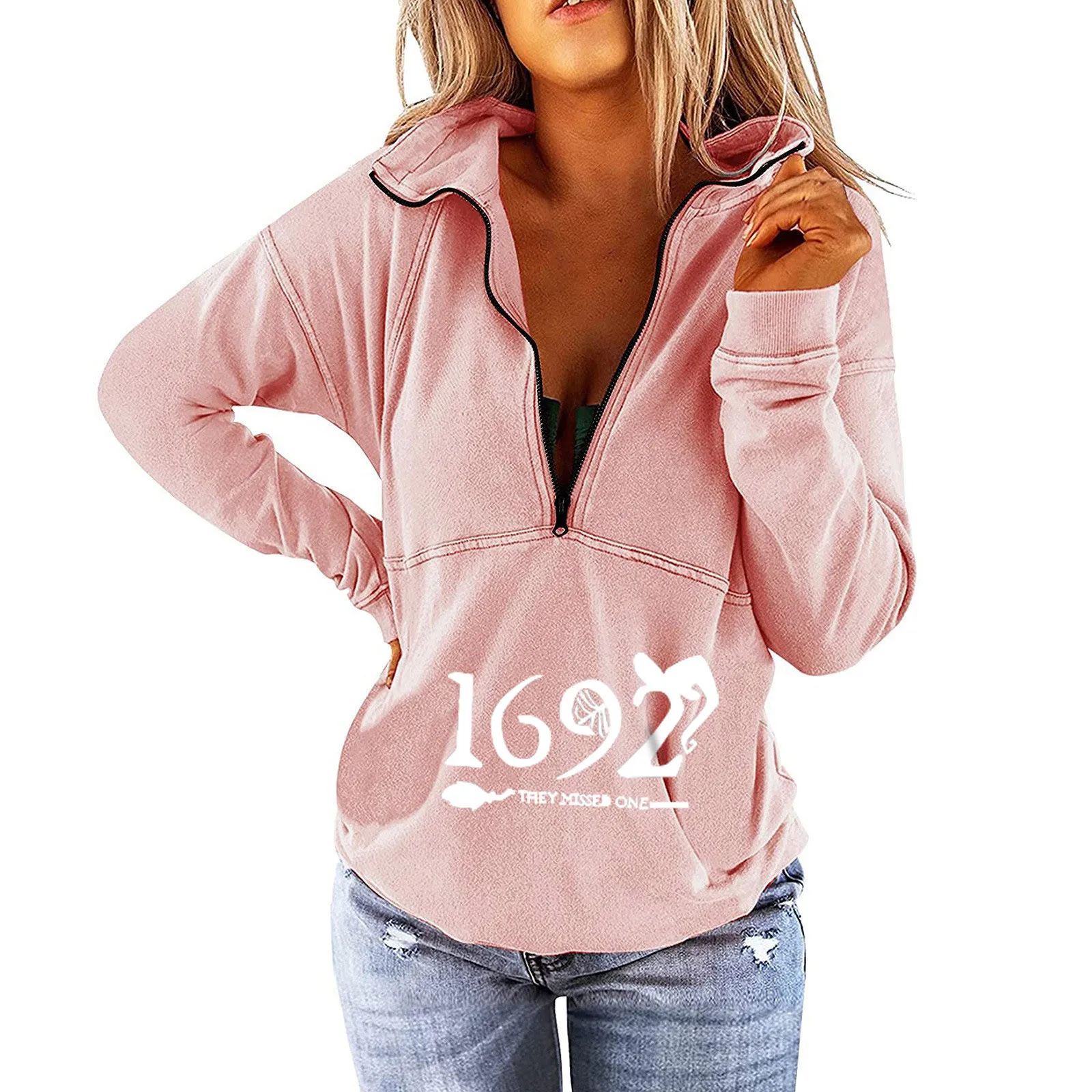 

Letter Print Women's Zipper Sweatshirts Solid Color Long Sleeve Pullover Hoodie Womens Casual Vintage Streetwear Clothes Ladies